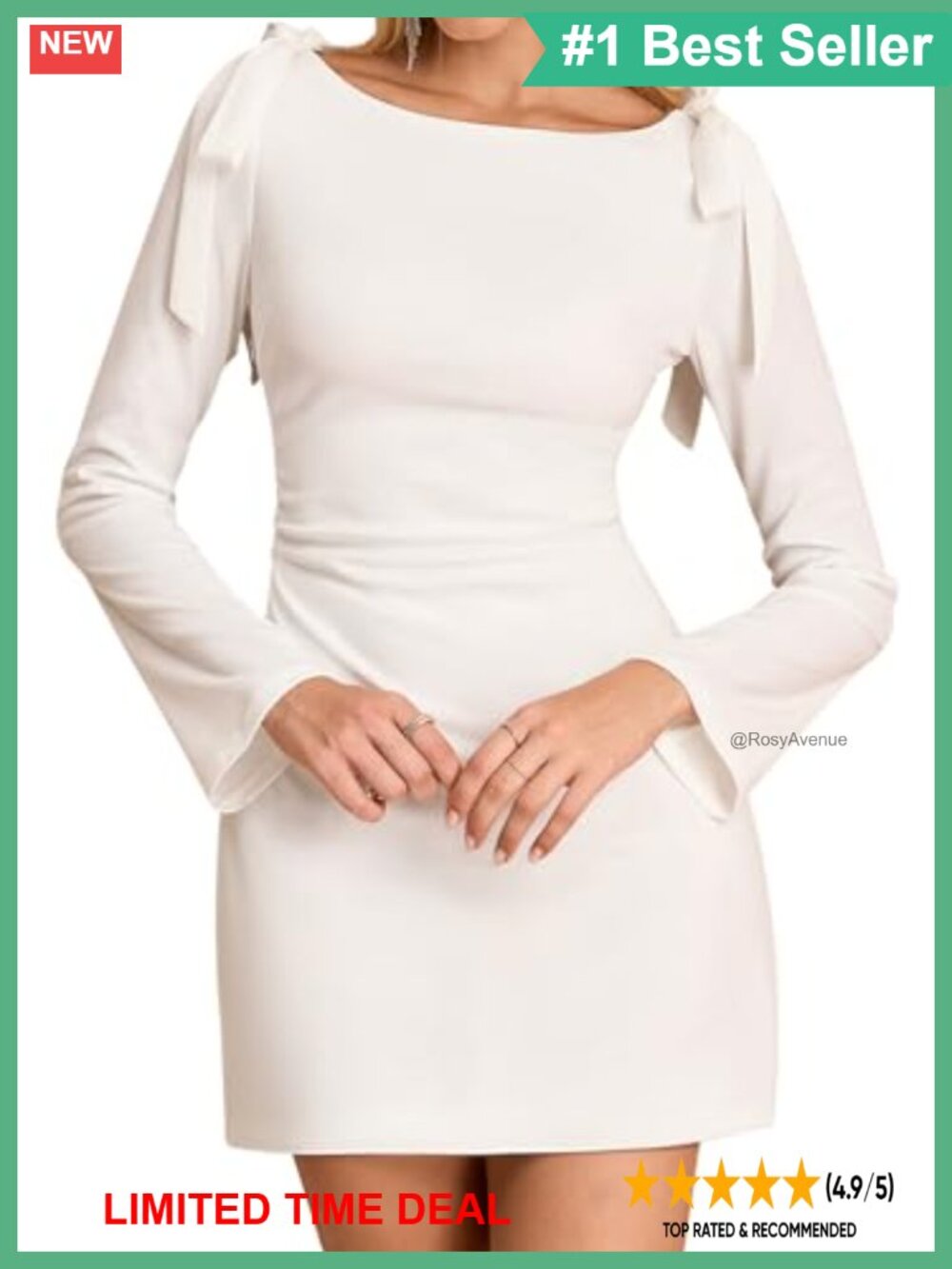 Long Sleeve Mini Dress Boat Neck Tie Shoulder Ruched Bodycon Party